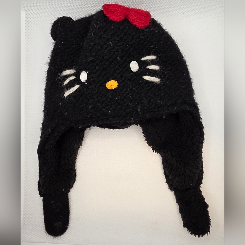 Hello Kitty Handmade Black Knit Hat with Red Bow